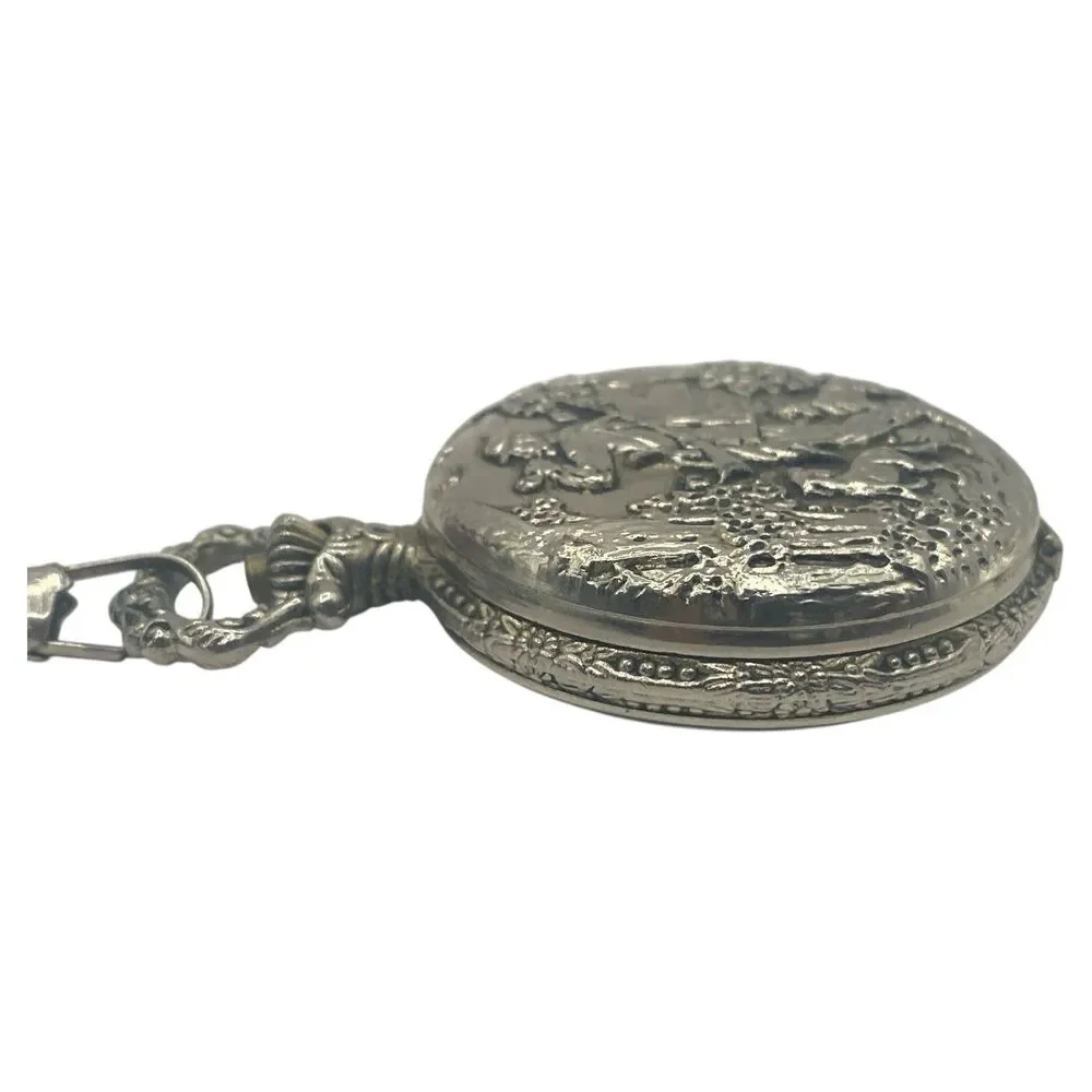 Vintage Unitron Silver Tone Quartz Pocket Watch Hunting Scene New Battery